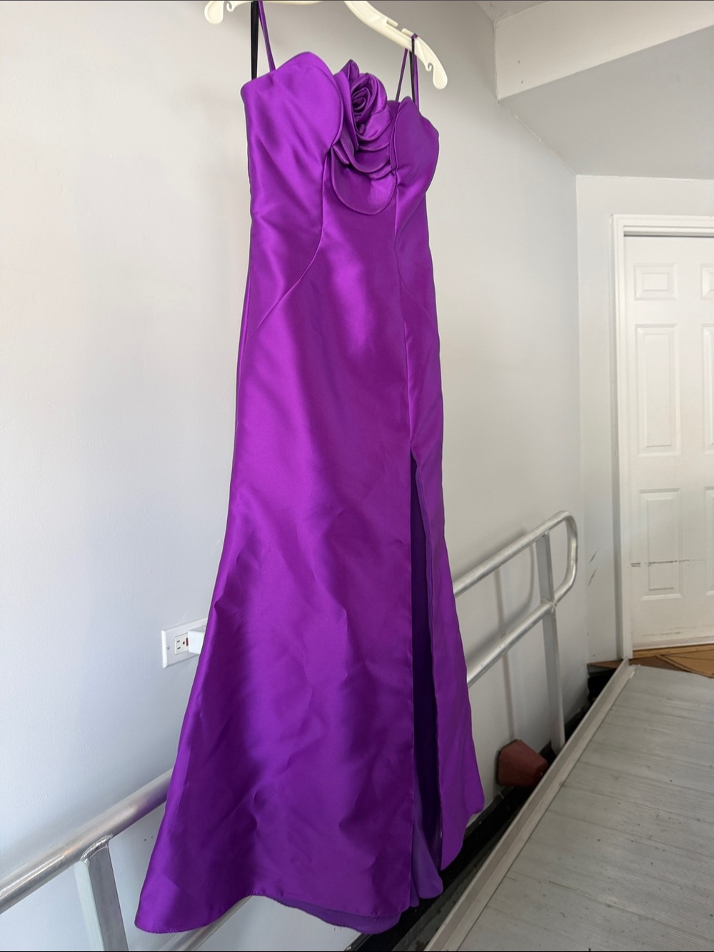 TeraniPurple Satin Strap Gown with Rosette Detail